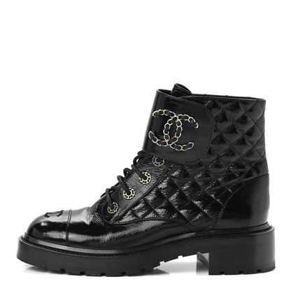 Chanel Shiny Lambskin Quilted Lace Up Combat Boots 40 Black 1 of 11