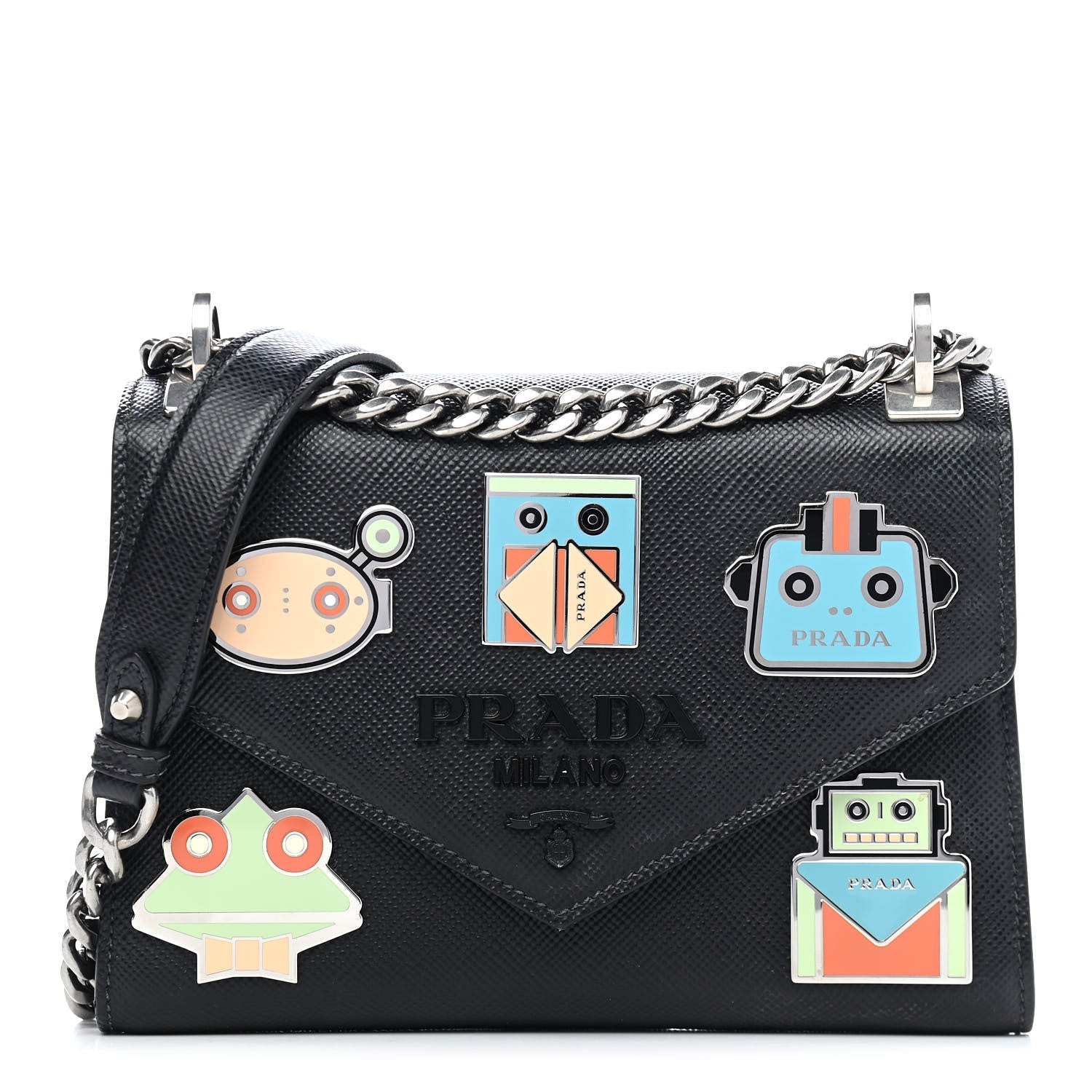 Prada Saffiano Cuir Calfskin Monochrome Robot Patches Envelope Flap Chain Shoulder Bag Black 1 of 8