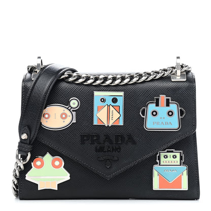 Prada Saffiano Cuir Calfskin Monochrome Robot Patches Envelope Flap Chain Shoulder Bag Black 1 of 8