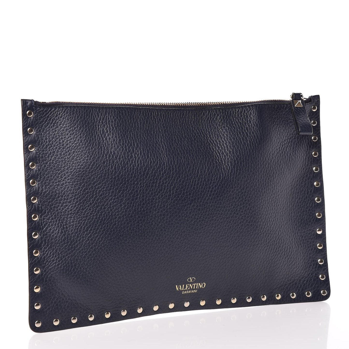 Grained Calfskin Large Rockstud Zip Pouch Marine