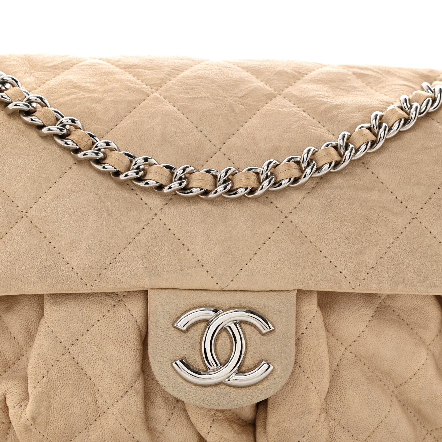 Washed Lambskin Quilted Medium Chain Around Messenger Beige