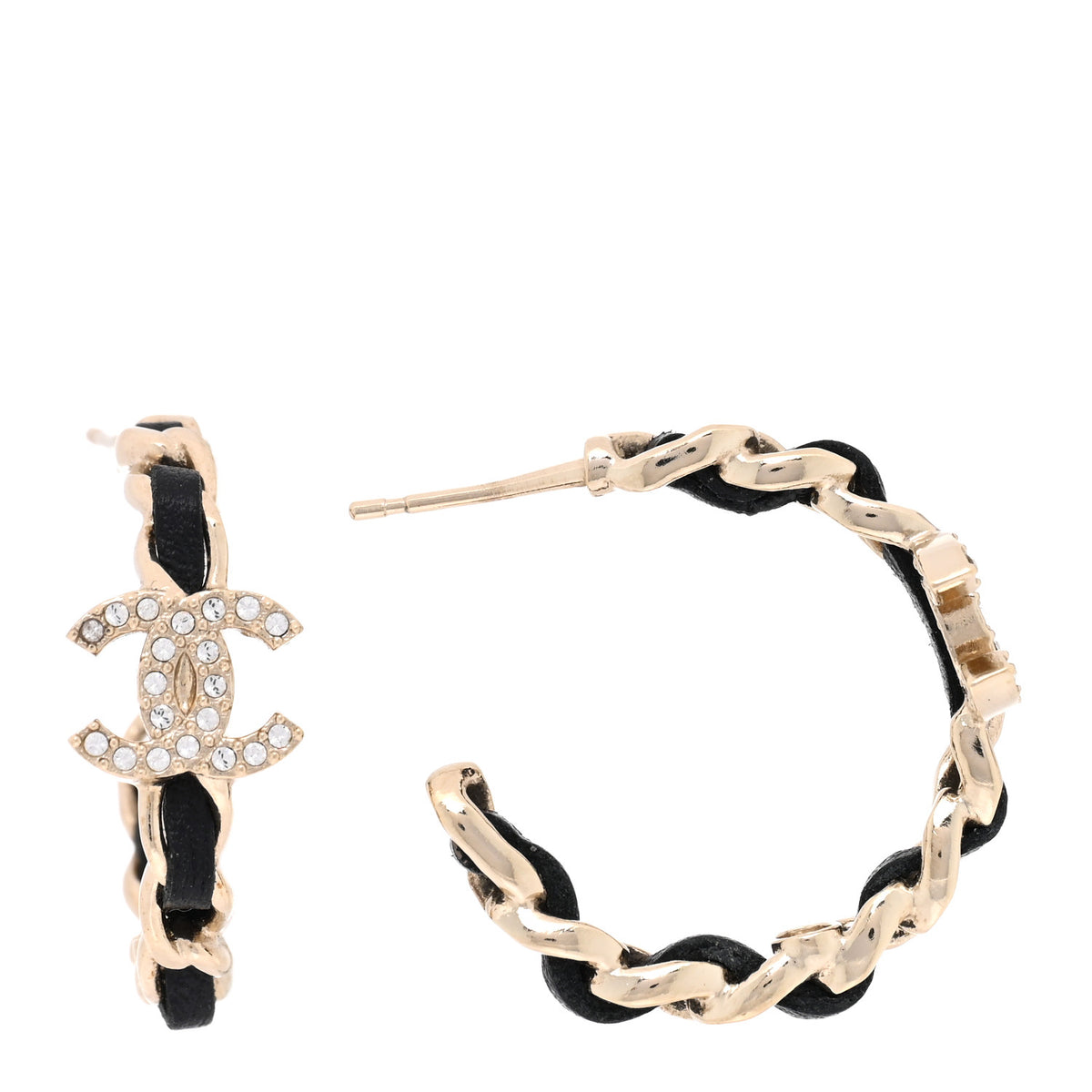 Chanel Metal Lambskin Quilted CC Turnlock Chain Hoop Earrings Gold Black 1 of 4