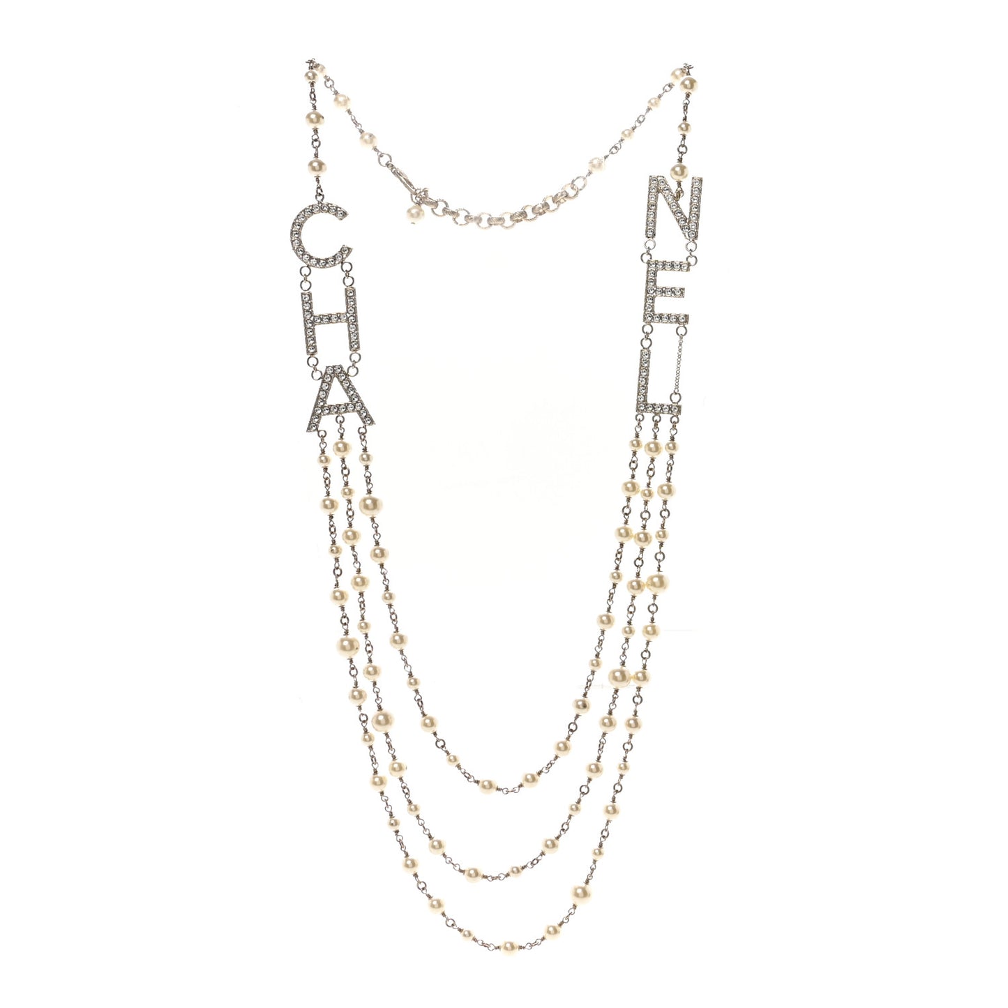 Pearl Crystal Cha-Nel Logo Necklace Gold