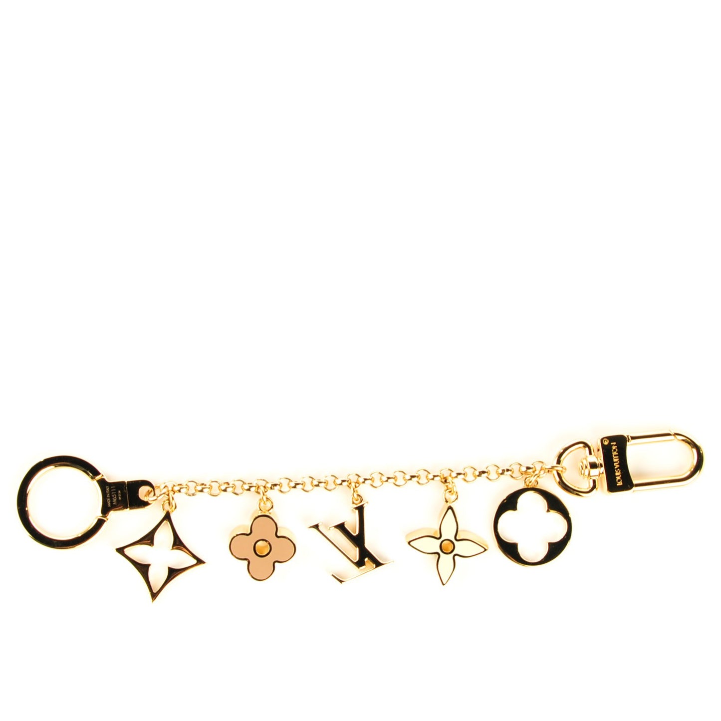 Brass Enamel Fleur De Monogram Bag Charm Chain Gold