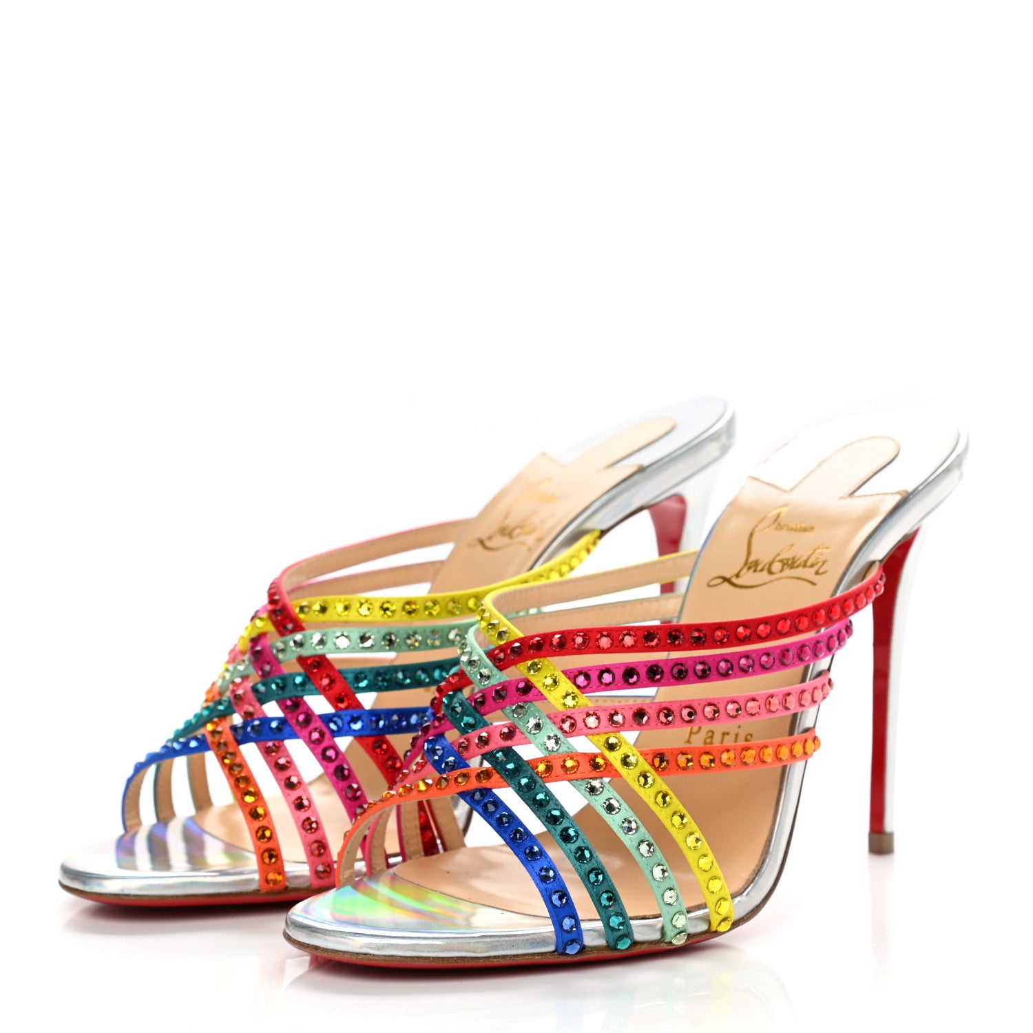 Christian Louboutin Specchio Calfskin Crystal Marthastrass 100 Slide Sandals 37.5 Silver Multicolor 3 of 10
