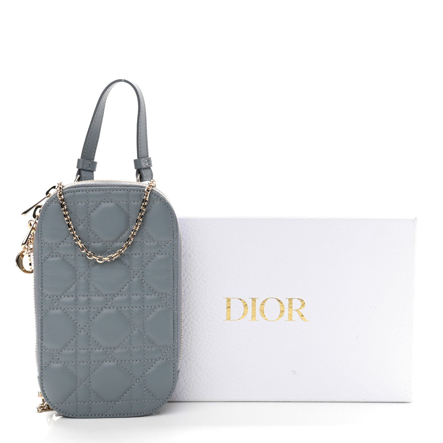 Lambskin Cannage Lady Dior Phone Holder Cloud Blue