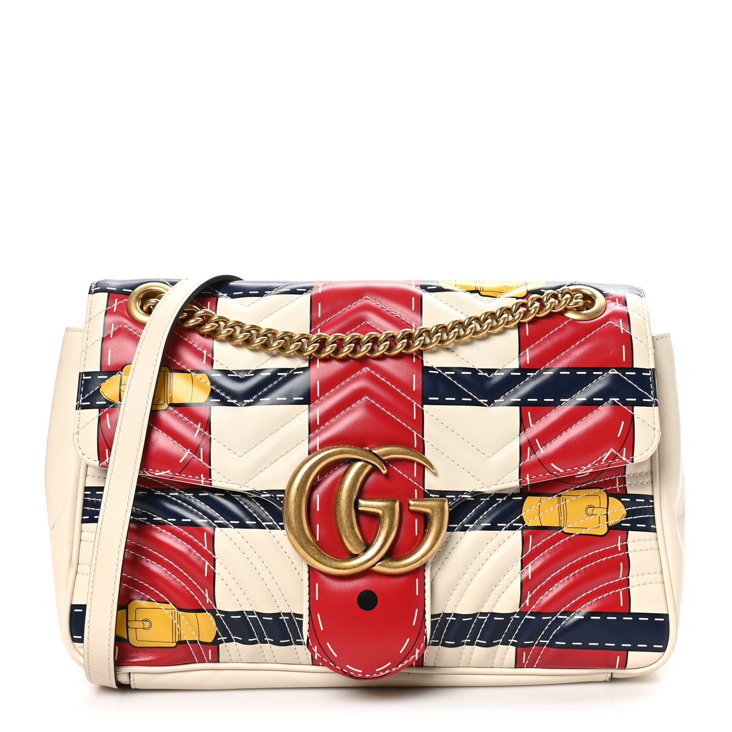 Calfskin Matelasse Trompe L'Oeil Print Medium GG Marmont Shoulder Bag Mystic White Hibiscus Red Marine Giallo