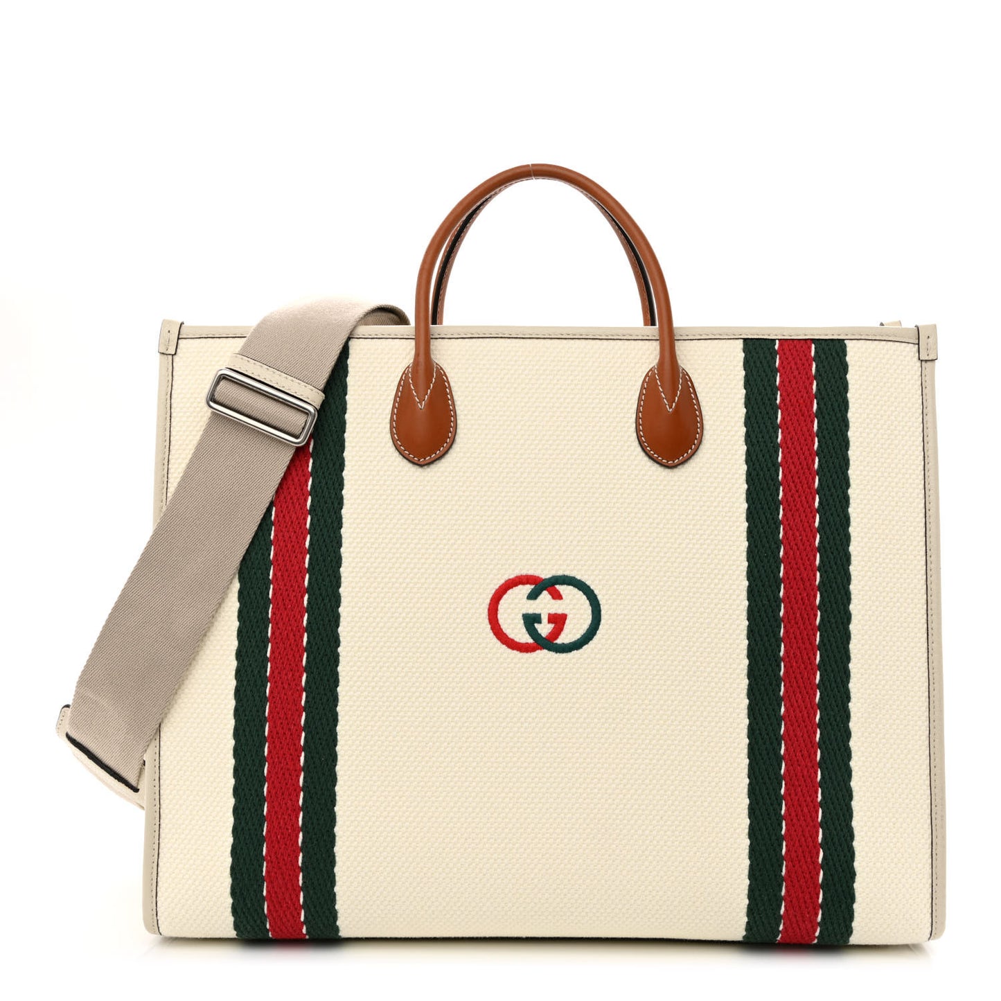 Canvas Web Embroidered Interlocking G Tote Light Beige Mystic White Green Red