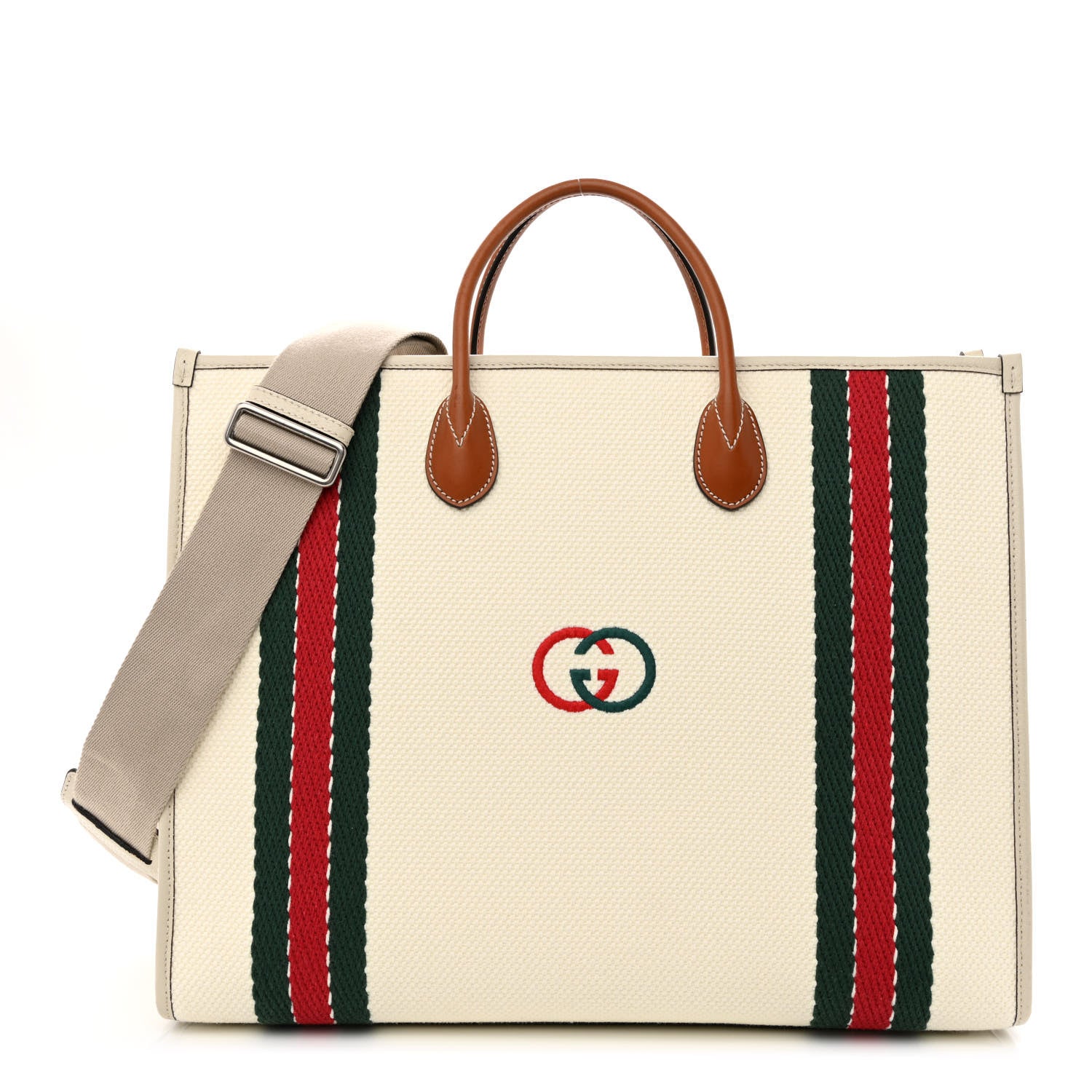 Gucci Canvas Web Embroidered Interlocking G Tote Light Beige Mystic White Green Red 1 of 9