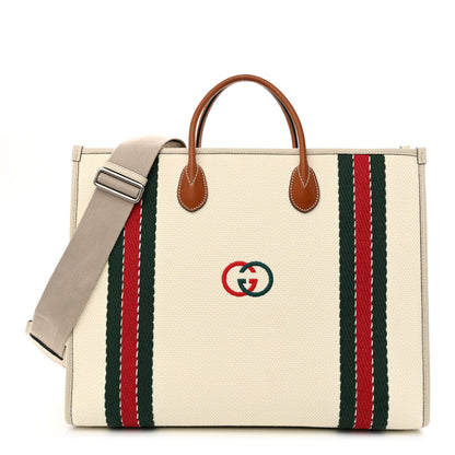 Gucci Canvas Web Embroidered Interlocking G Tote Light Beige Mystic White Green Red 1 of 9