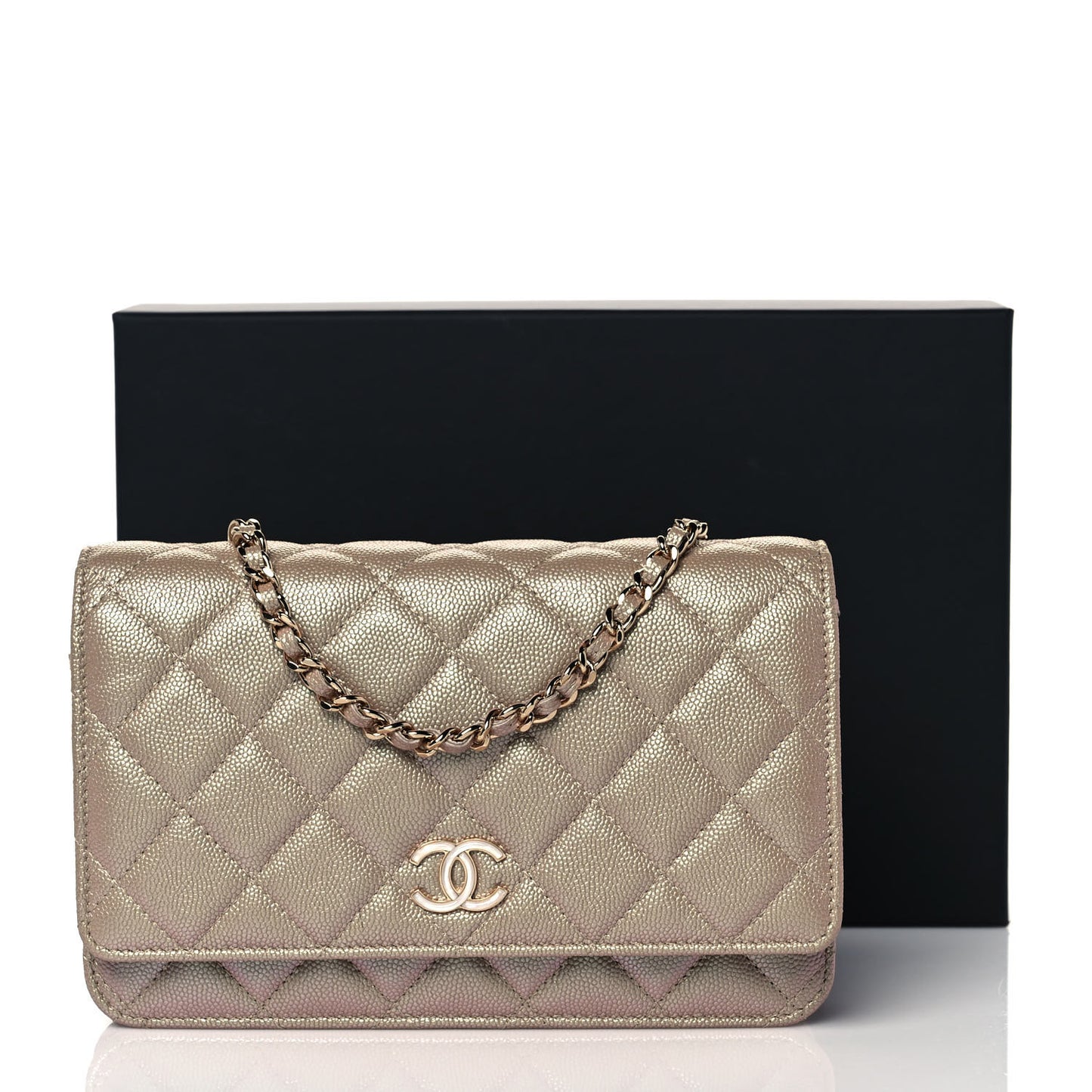 Iridescent Caviar Quilted Wallet On Chain WOC Beige