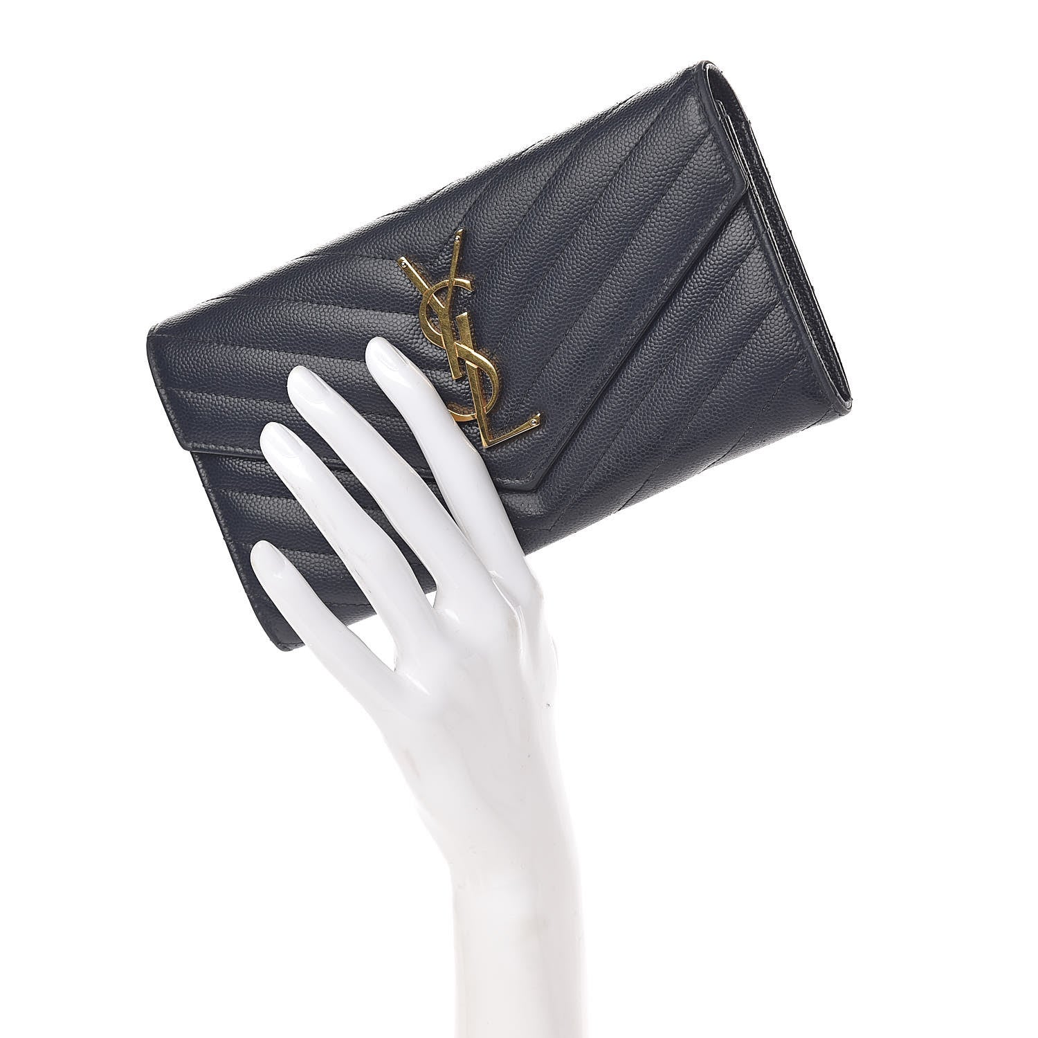 Saint Laurent Grain De Poudre Matelasse Chevron Monogram Flap Wallet Deep Marine 2 of 12