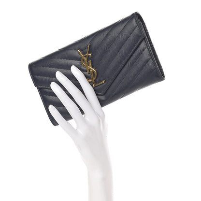 Saint Laurent Grain De Poudre Matelasse Chevron Monogram Flap Wallet Deep Marine 2 of 12