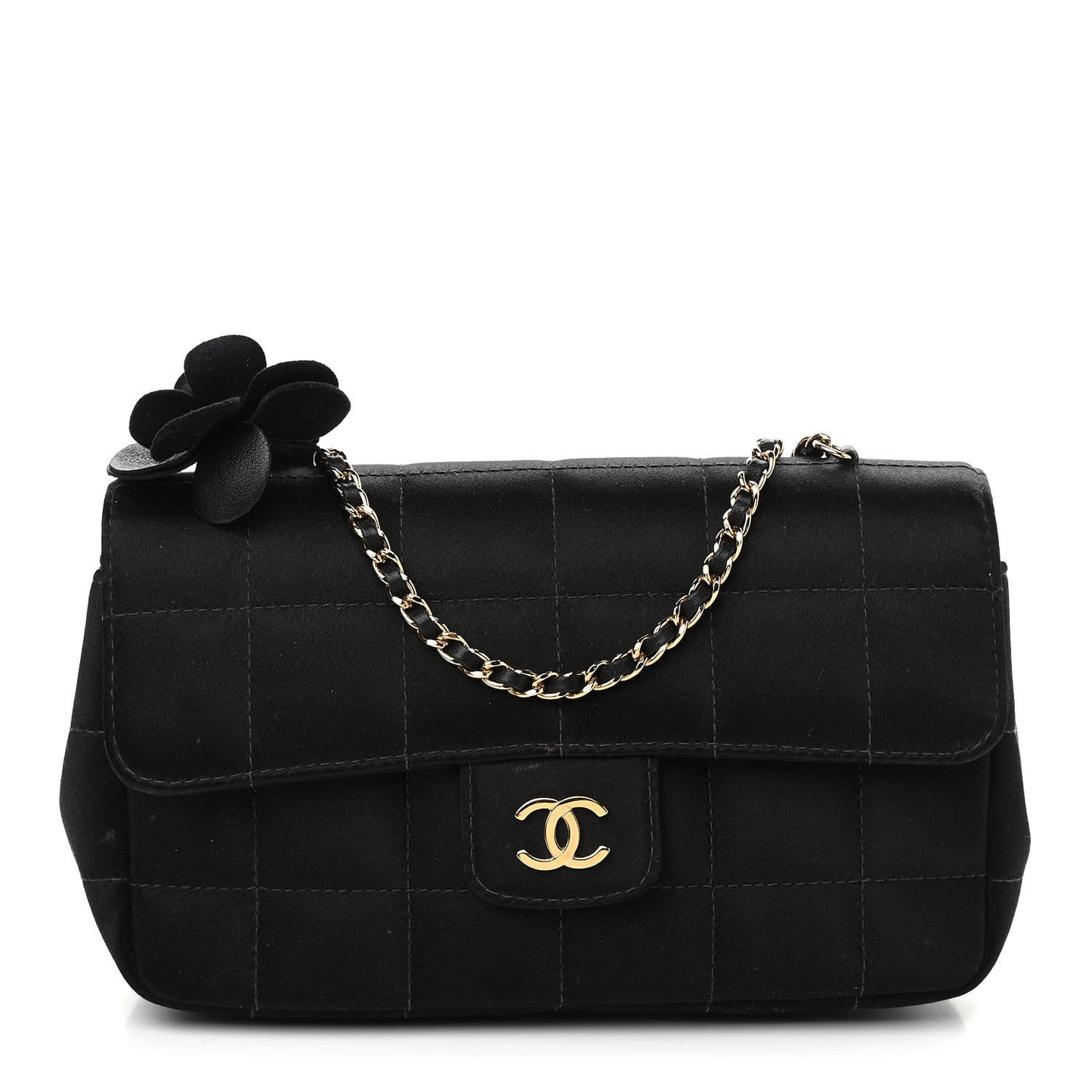 Satin Chocolate Bar Quilted Camellia Rectangular Mini Flap Black