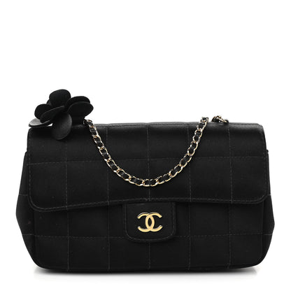 Chanel Satin Chocolate Bar Quilted Camellia Rectangular Mini Flap Black 1 of 10