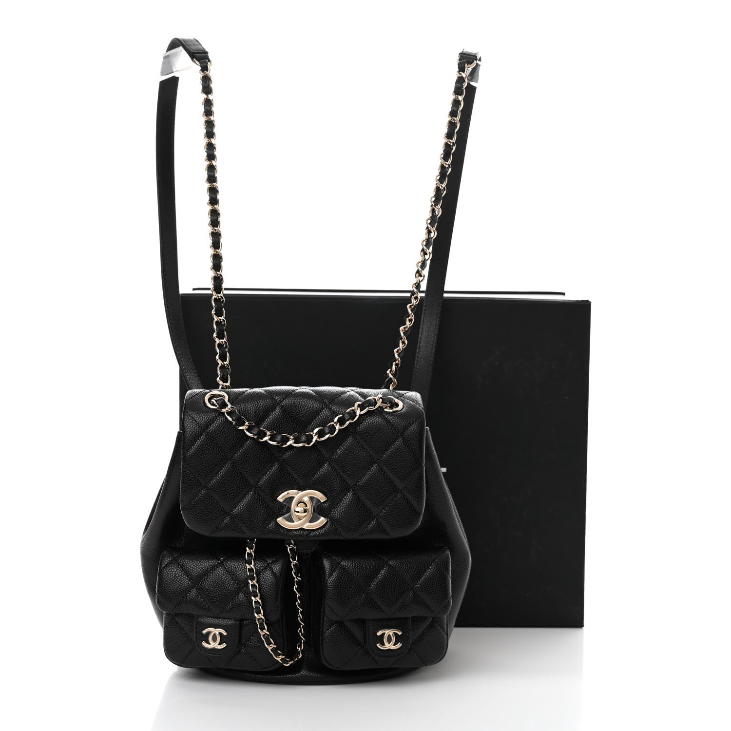 Chanel Shiny Caviar Quilted Medium Duma Pockets Drawstring Backpack Black 11 of 11