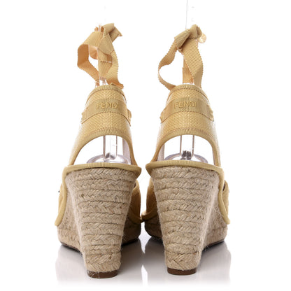 Fendi Rafia FF Embroidered Roma Ankle Wrap Espadrille Wedges 41 Natural 6 of 10