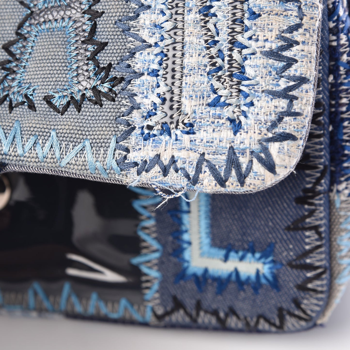 Denim Tweed Patchwork Medium Single Flap Blue
