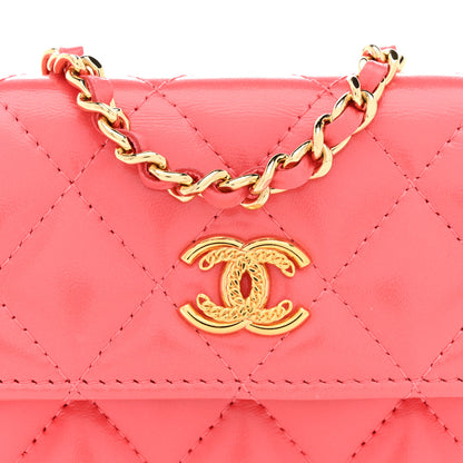 Chanel Shiny Lambskin Quilted Card Holder On Chain Pink 8 of 10