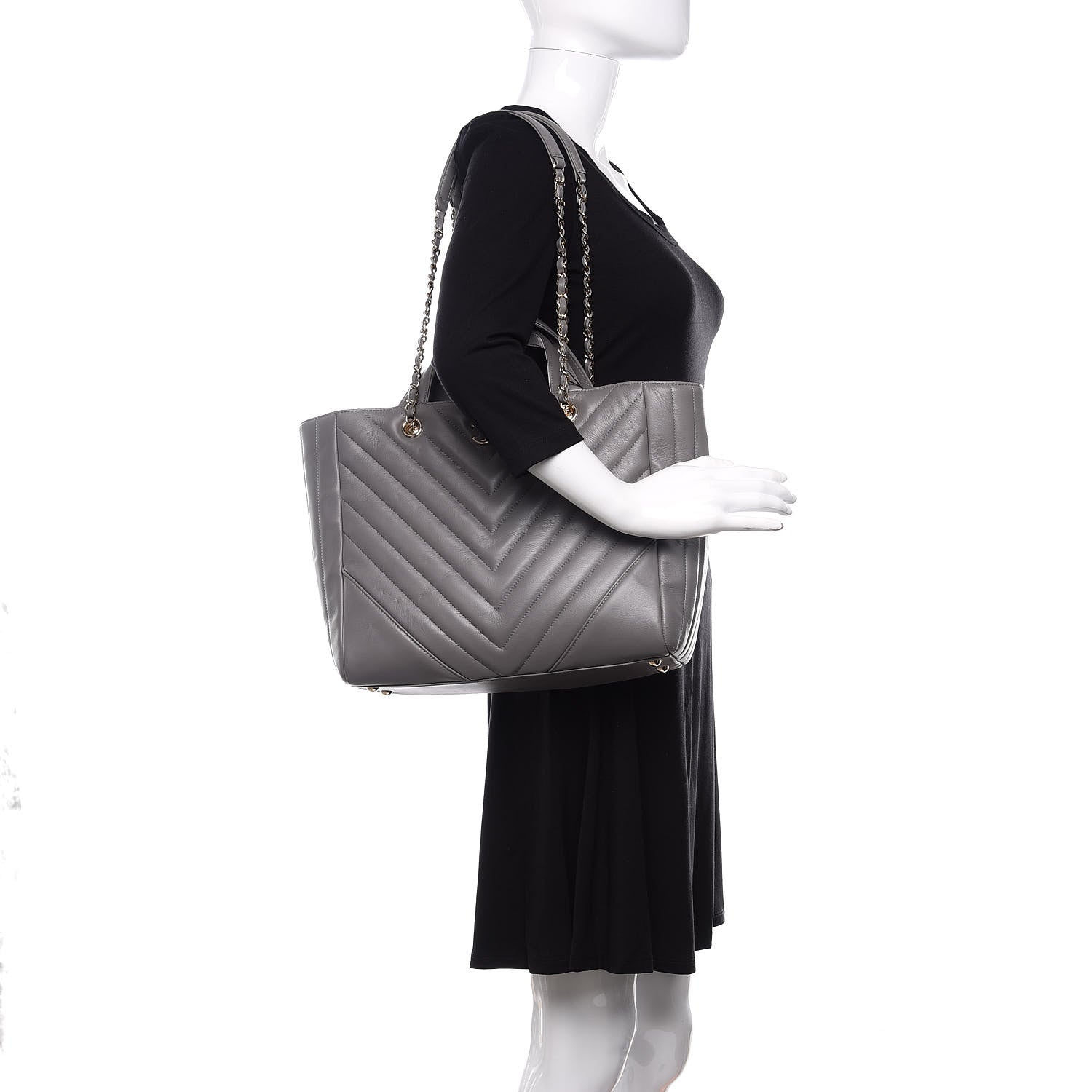 Chanel Calfskin Chevron Quilted Statement Shopping Tote Grey 2 of 11