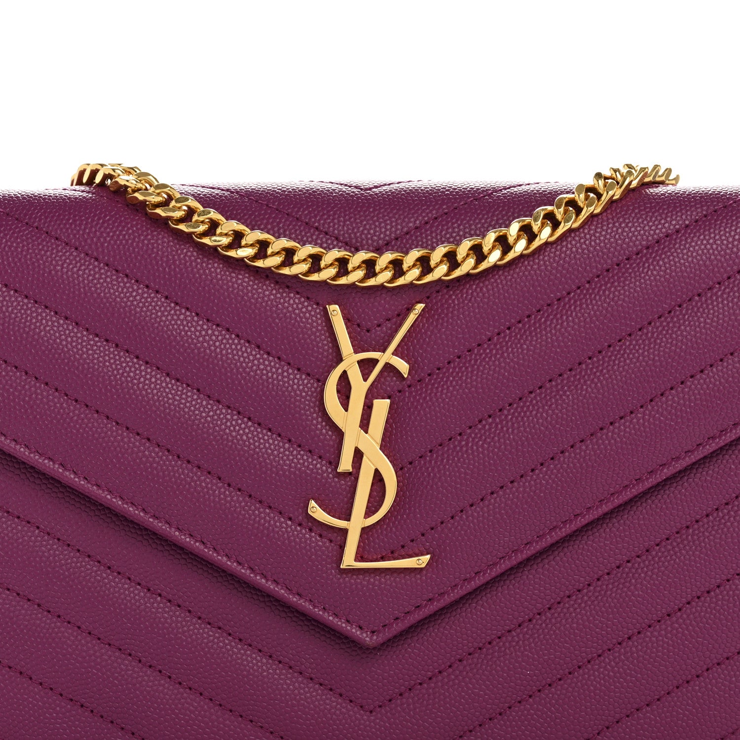 Saint Laurent Grain De Poudre Matelasse Chevron Monogram Chain Wallet Dark Grape 8 of 12