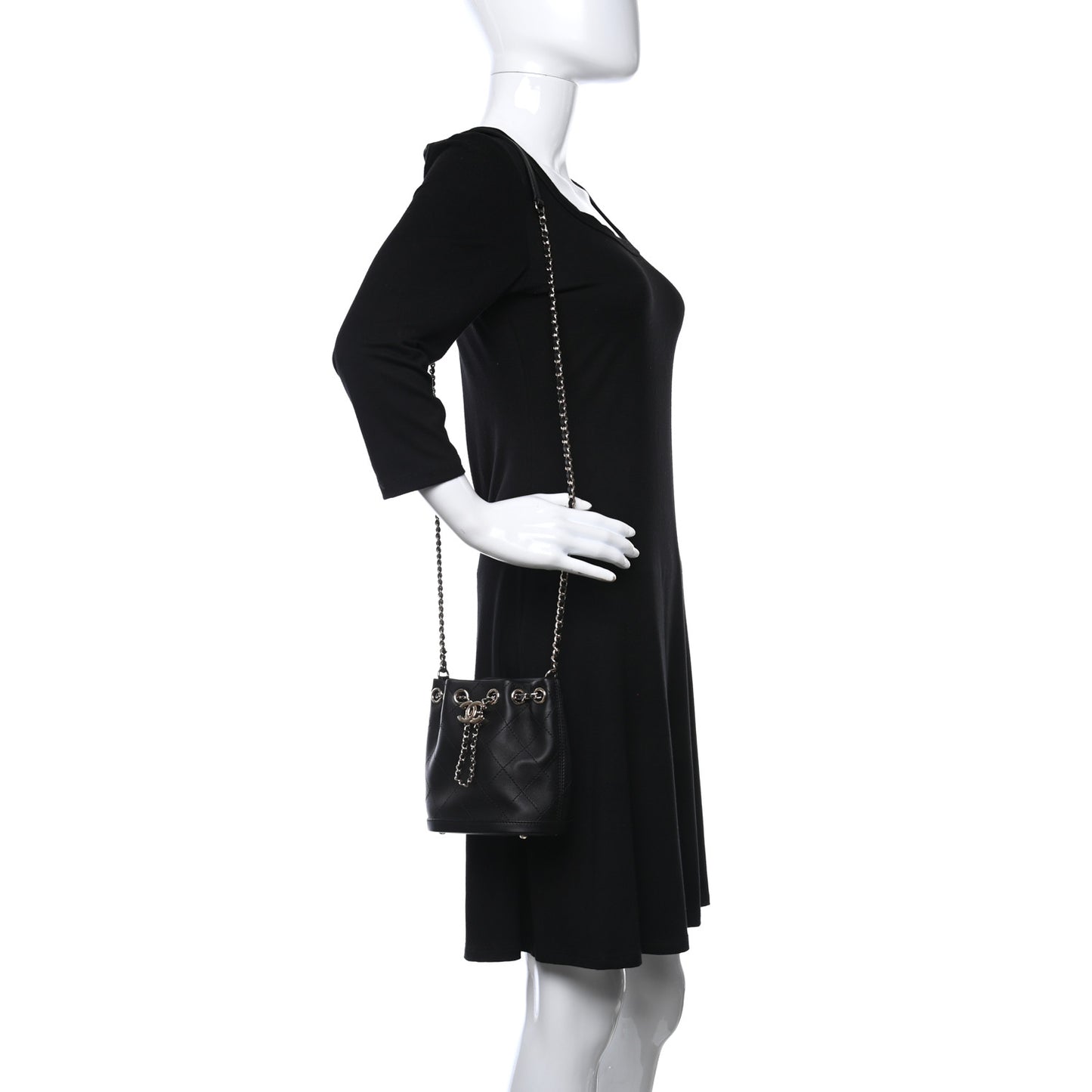 Calfskin Stitched Chain Bucket Bag Black