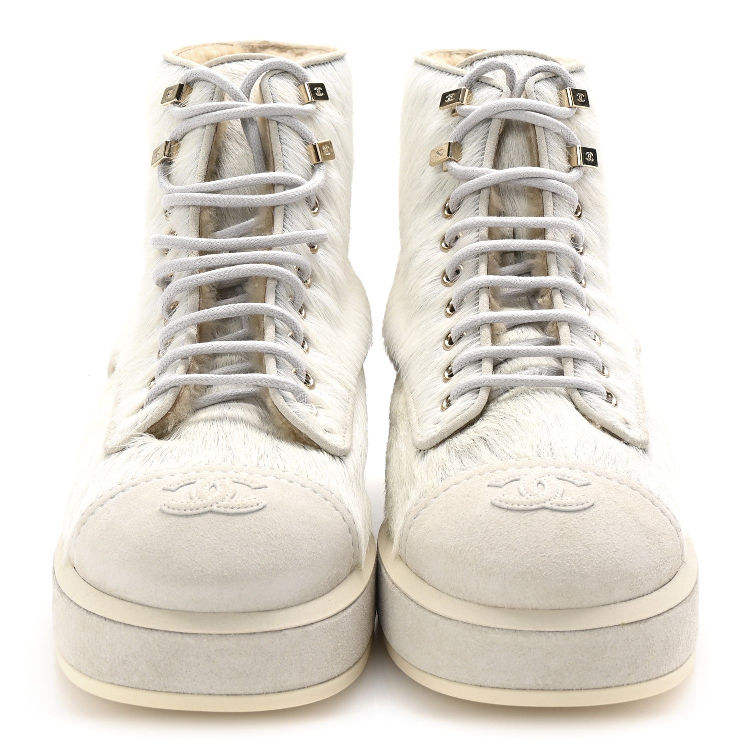 Chanel Suede Pony Hair Shearling Lace Up Combat Boots 40 White Black 3 of 10