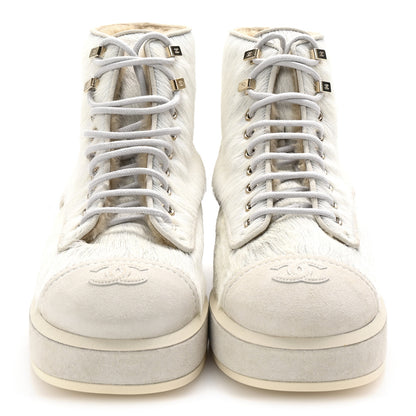 Chanel Suede Pony Hair Shearling Lace Up Combat Boots 40 White Black 3 of 10