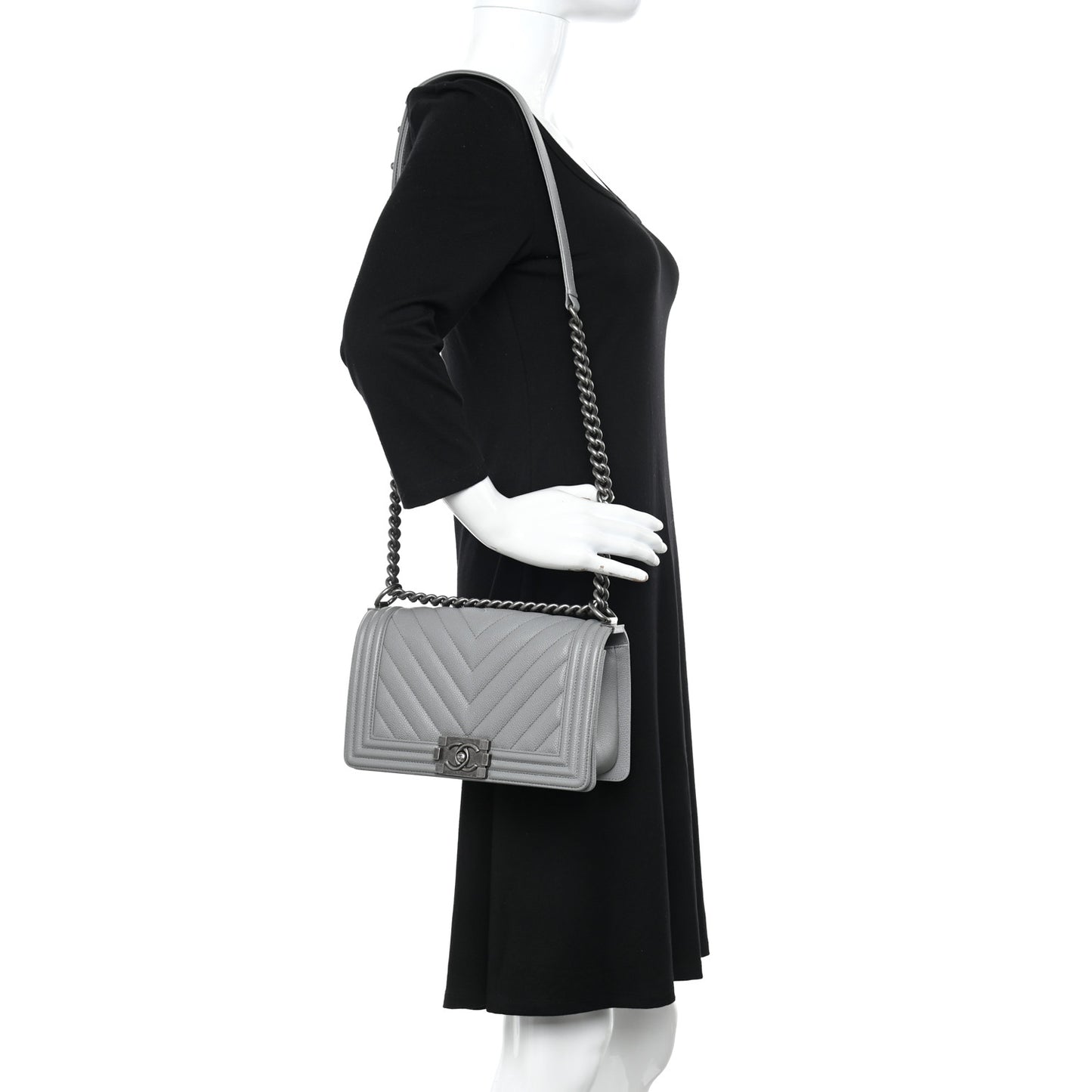 Caviar Chevron Quilted Medium Boy Flap Grey