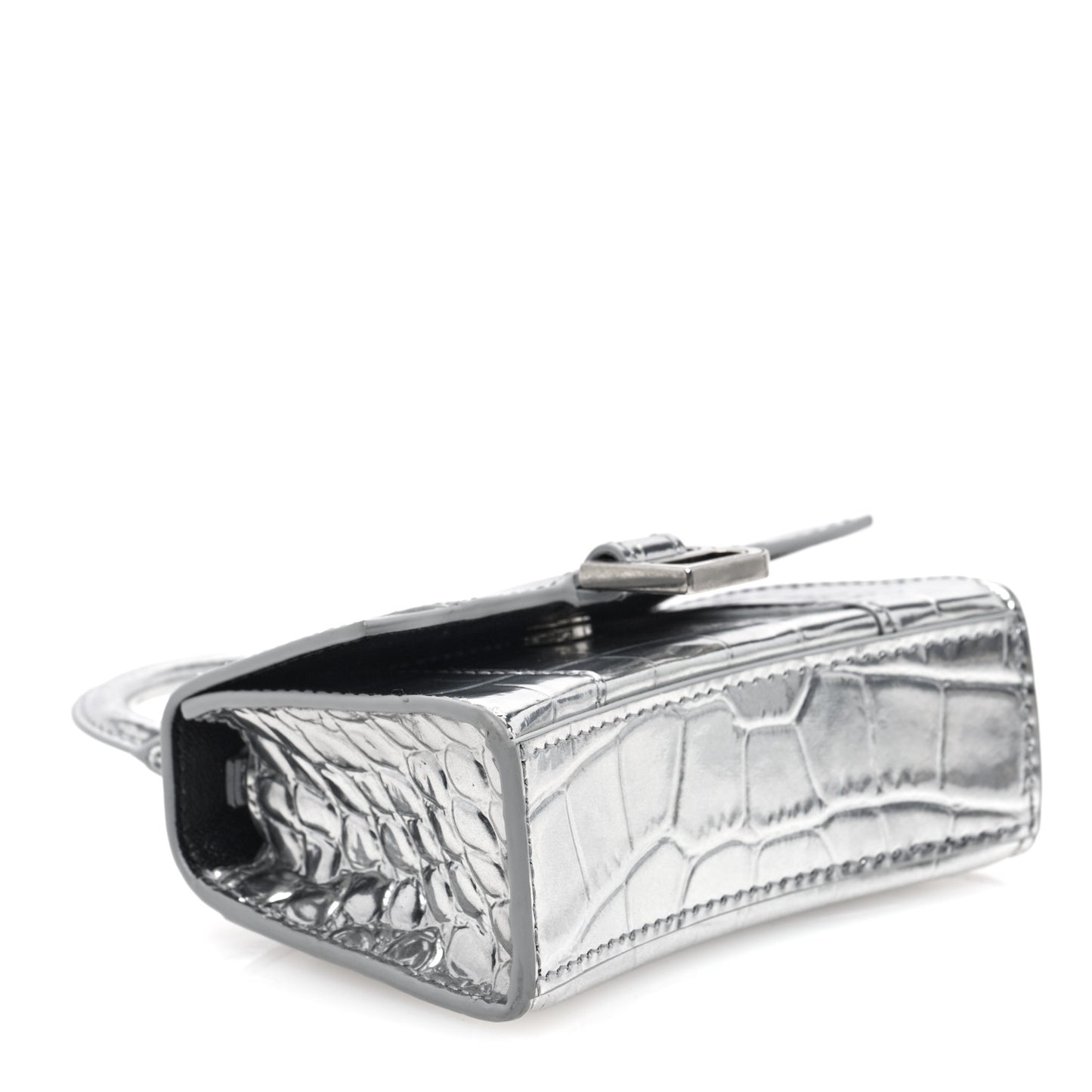 Metallic Calfskin Crocodile Embossed Hourglass Top Handle Bag Mini Silver