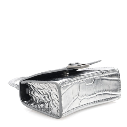 Balenciaga Metallic Calfskin Crocodile Embossed Hourglass Top Handle Bag Mini Silver 4 of 9