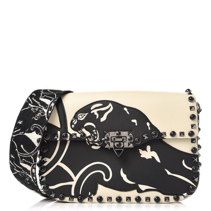 Valentino Garavani Calfskin Panther Medium Guitar Strap Rockstud Rolling Flap Saddle Bag White Black 1 of 9