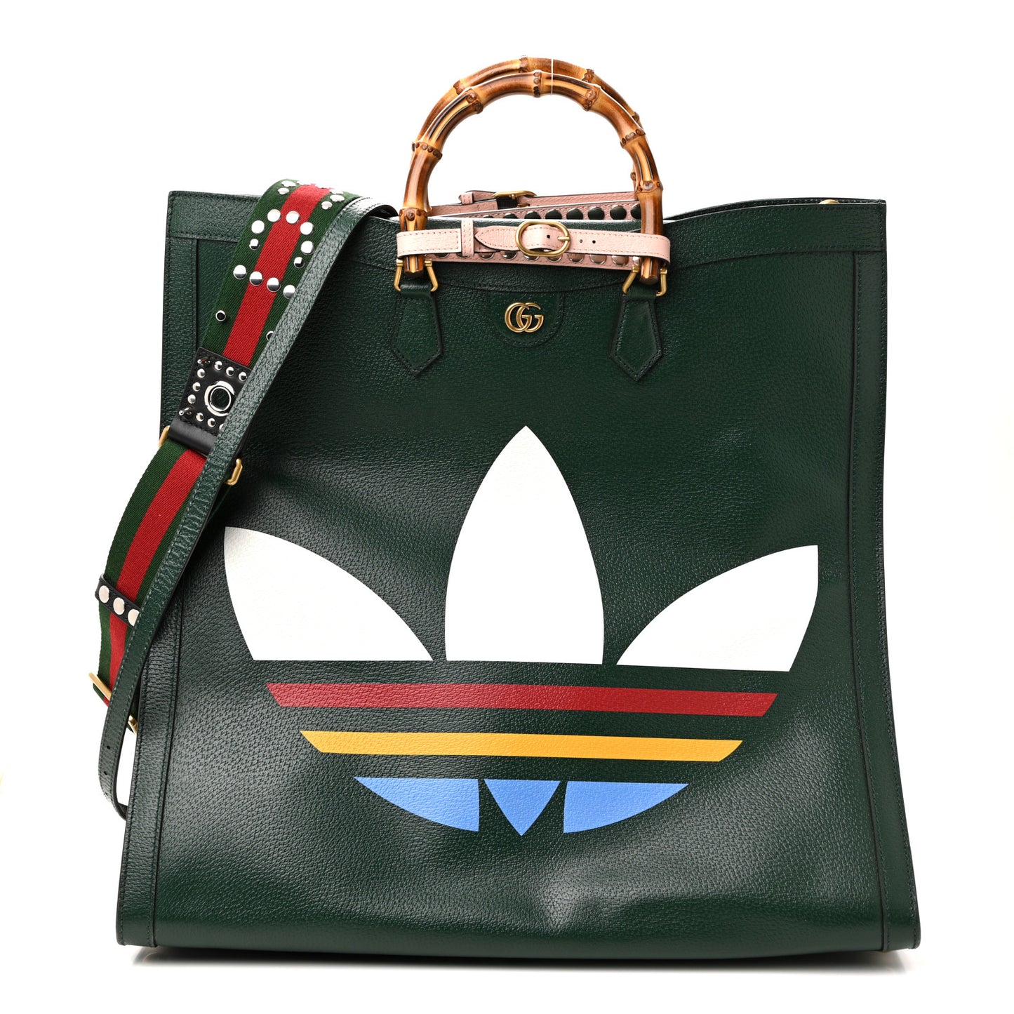 X Adidas Textured Dollar Calfskin Stripe Studded Maxi Diana Tote Bag Vintage Green Multicolor