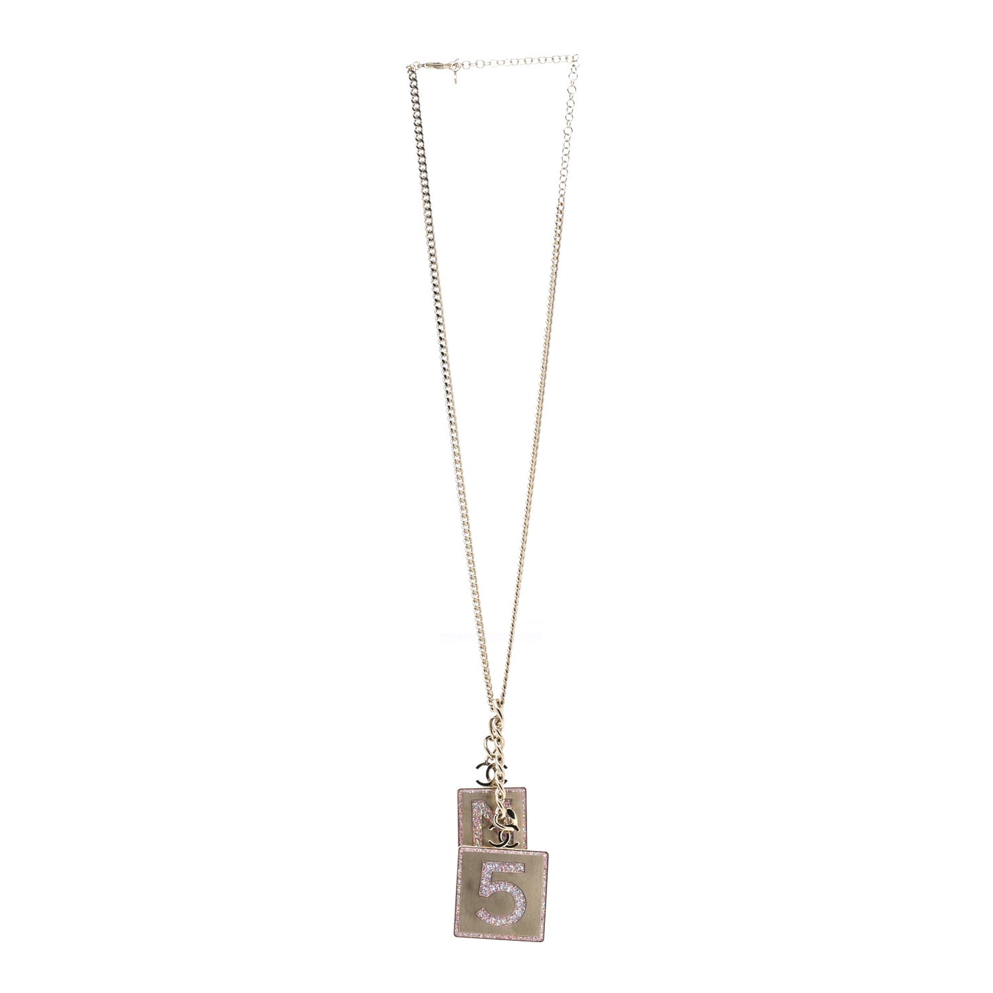 Resin Glitter Enamel Square CC Logo Charm Necklace Pink Gold