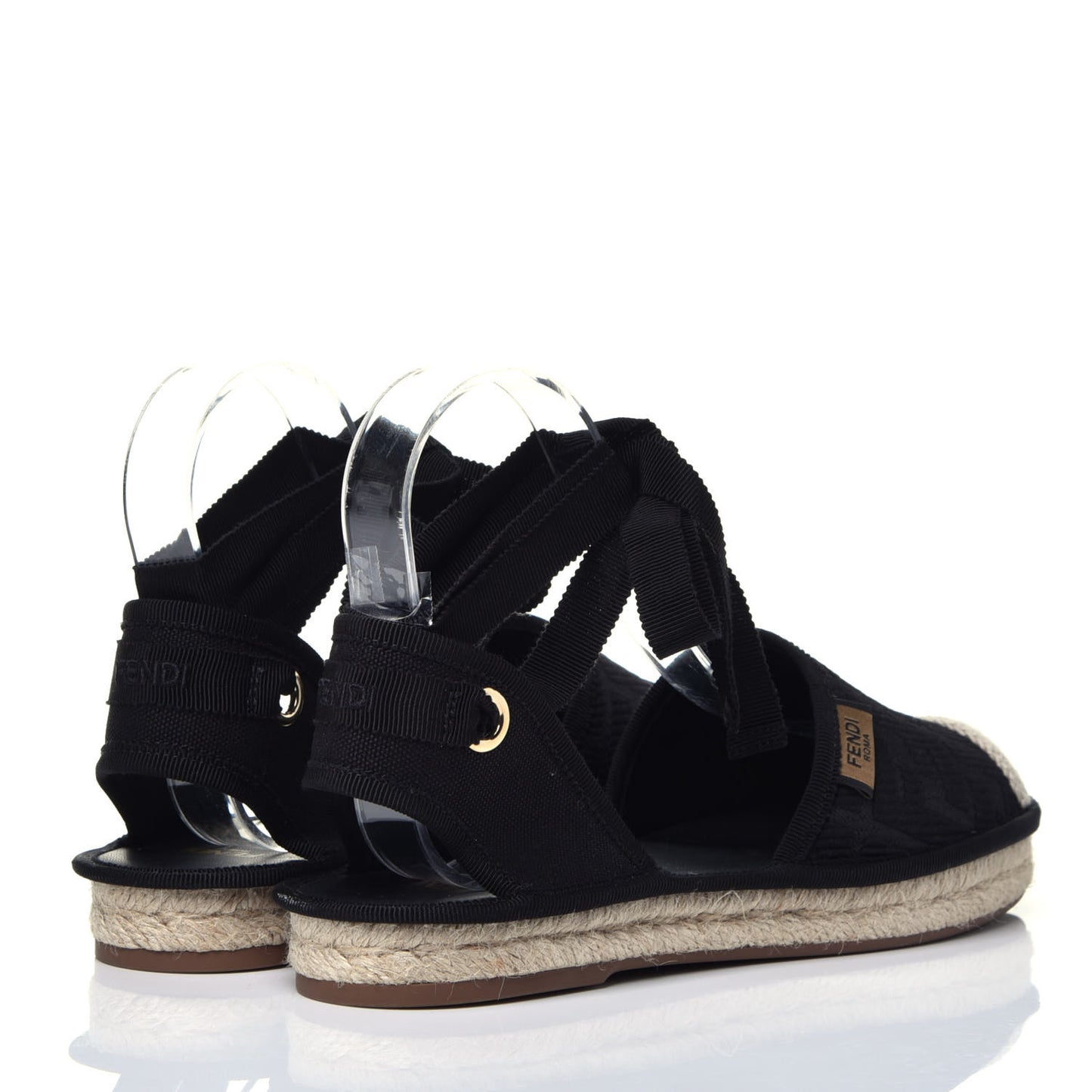 Canvas FF Embroidered Roma Ankle Wrap Flat Espadrilles 36 Black
