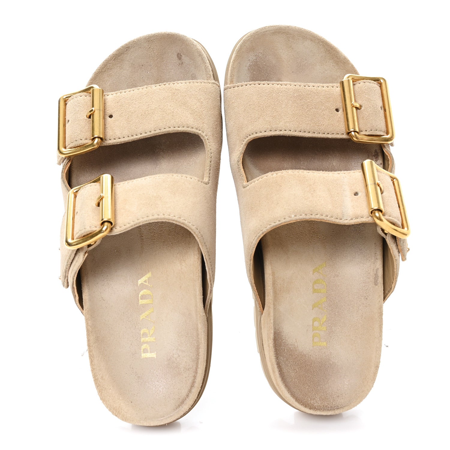 Prada Suede Metal Triangle Logo Womens Double Buckle 20mm Slide Sandals 36 Ecru 2 of 10