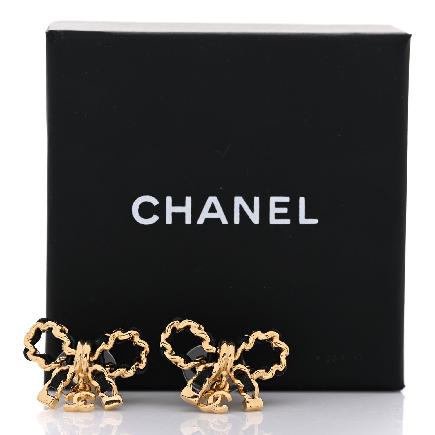 Chanel Lambskin Chain Bow Stud Earrings Black Gold 4 of 4