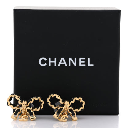 Chanel Lambskin Chain Bow Stud Earrings Black Gold 4 of 4
