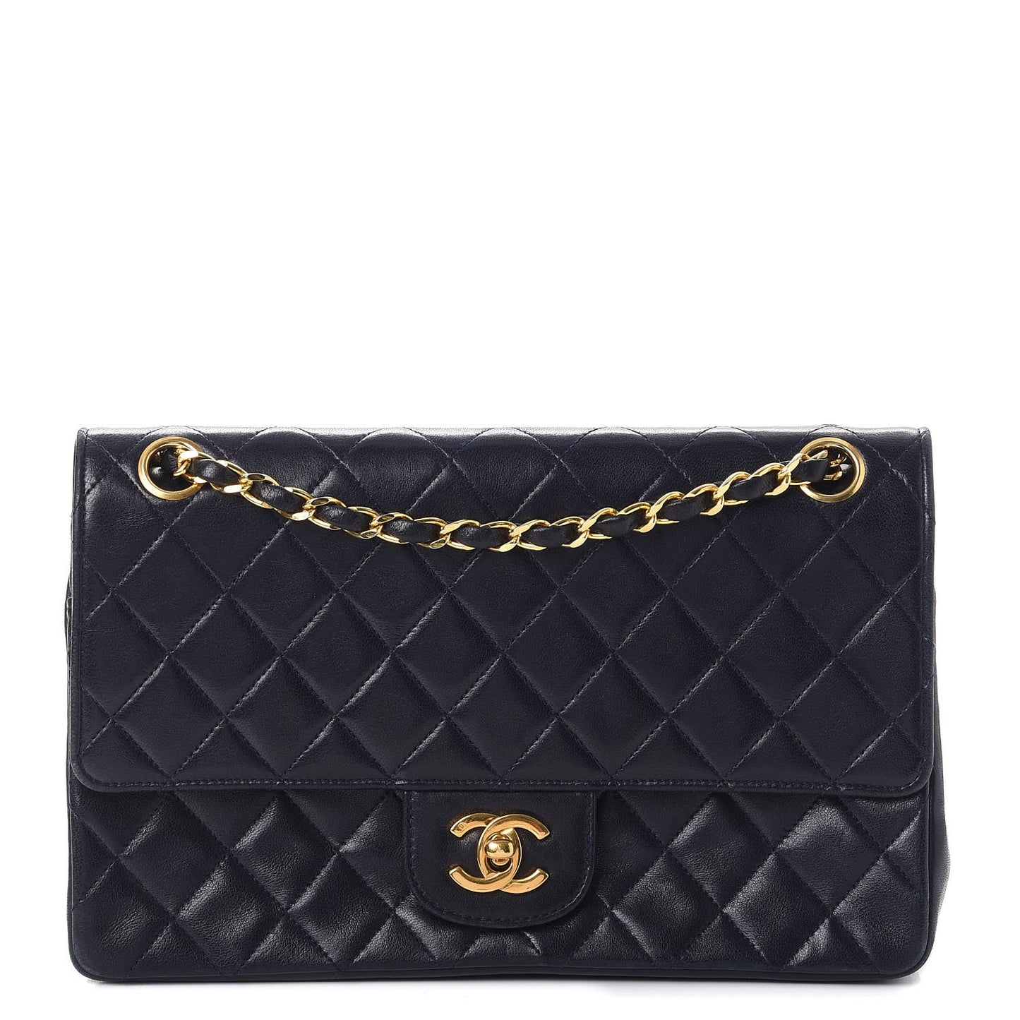 Lambskin Quilted Medium Double Flap Navy