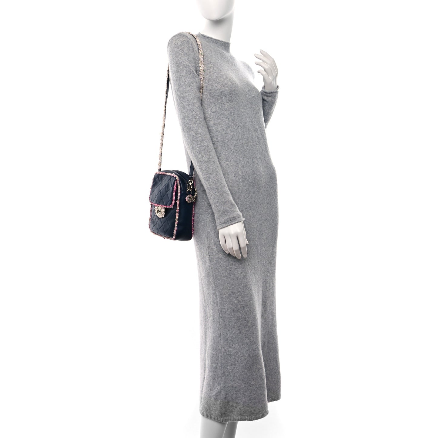 Lambskin Tweed Trim Vertical Camera Case Navy