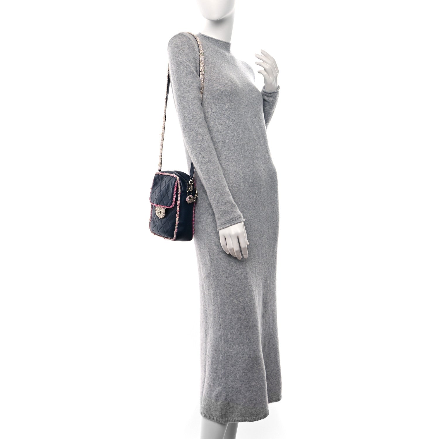 Chanel Lambskin Tweed Trim Vertical Camera Case Navy 2 of 9