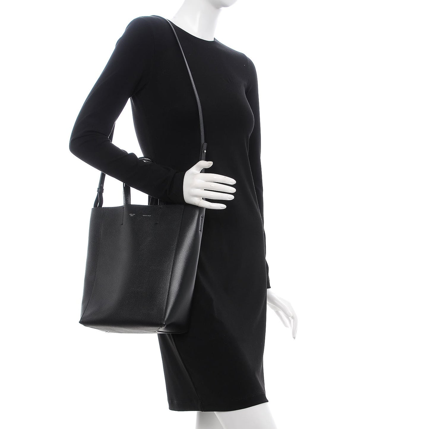 Grained Calfskin Small Vertical Cabas Black