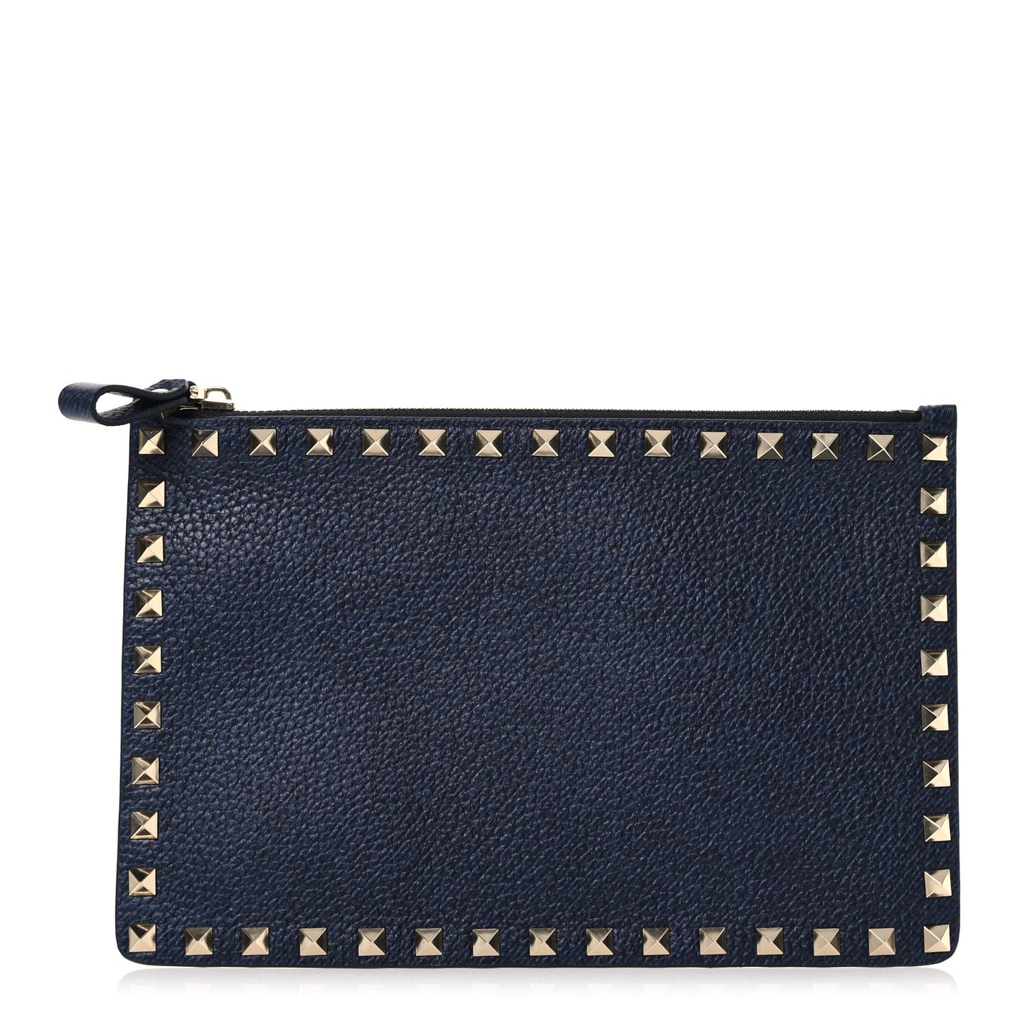 Grained Calfskin Medium Rockstud Zip Pouch Deep Denim