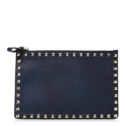 Valentino Garavani Grained Calfskin Medium Rockstud Zip Pouch Deep Denim 1 of 7