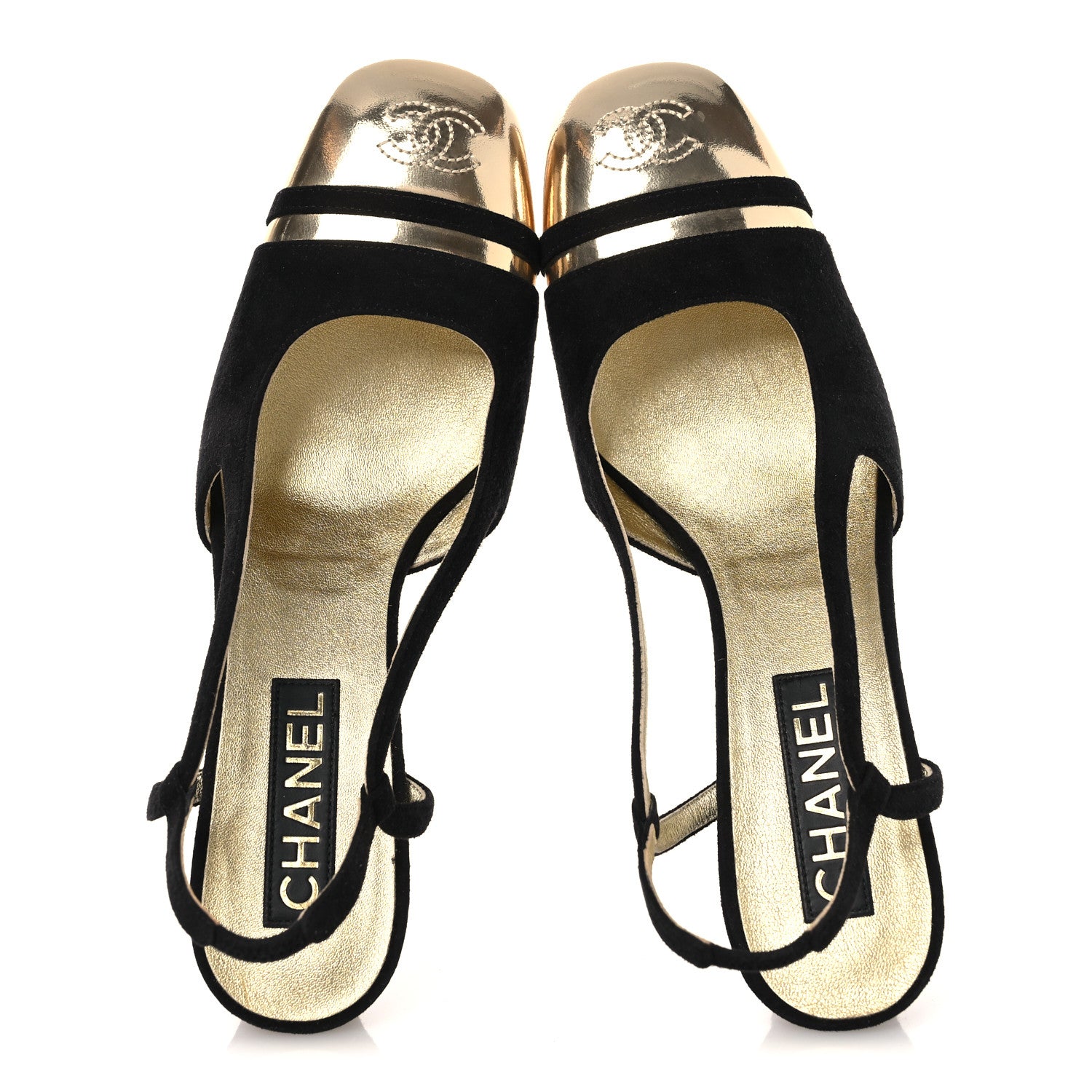 Chanel Kid Suede Metallic Lambskin Cap Toe CC Slingback Pumps 40 Black Gold 2 of 13