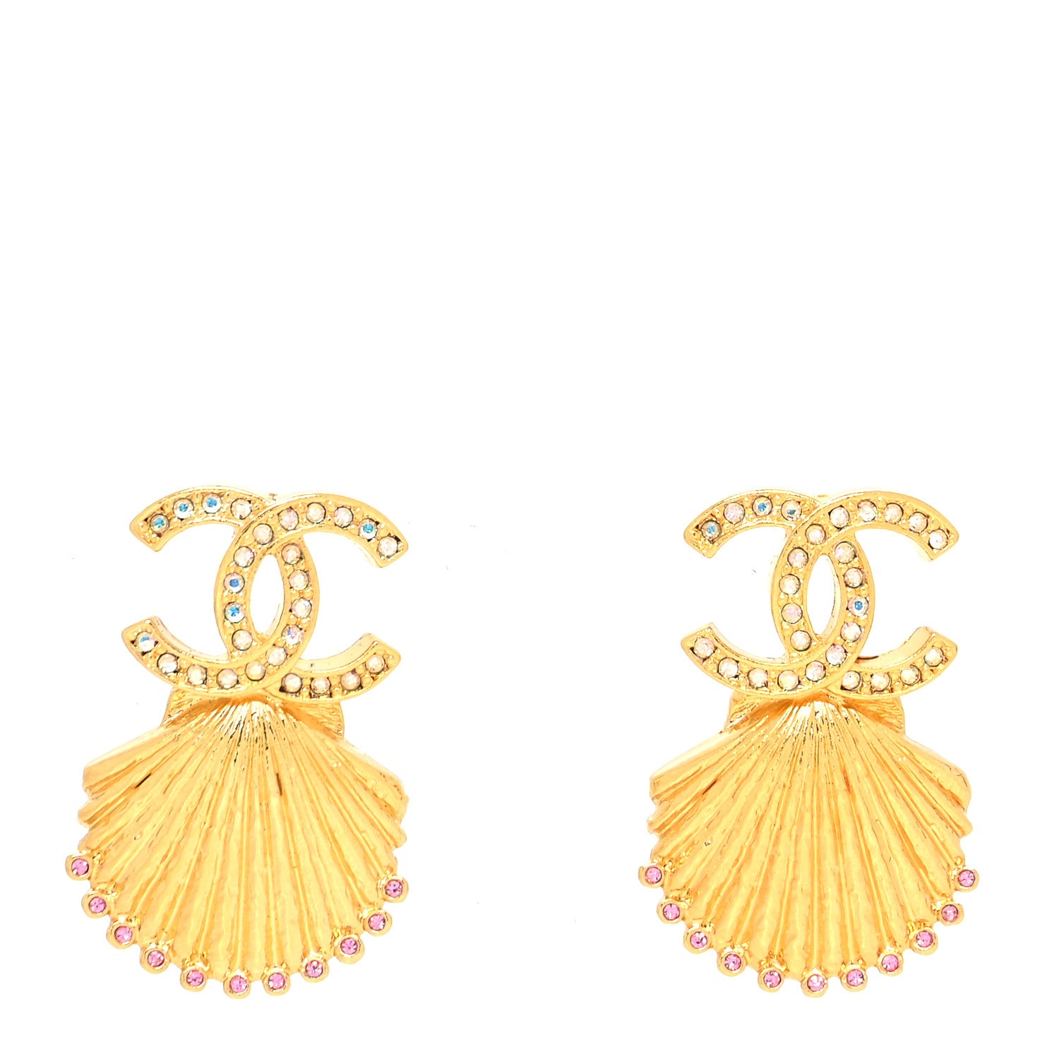 Chanel Crystal CC Shell Earrings Gold Pink 1 of 4