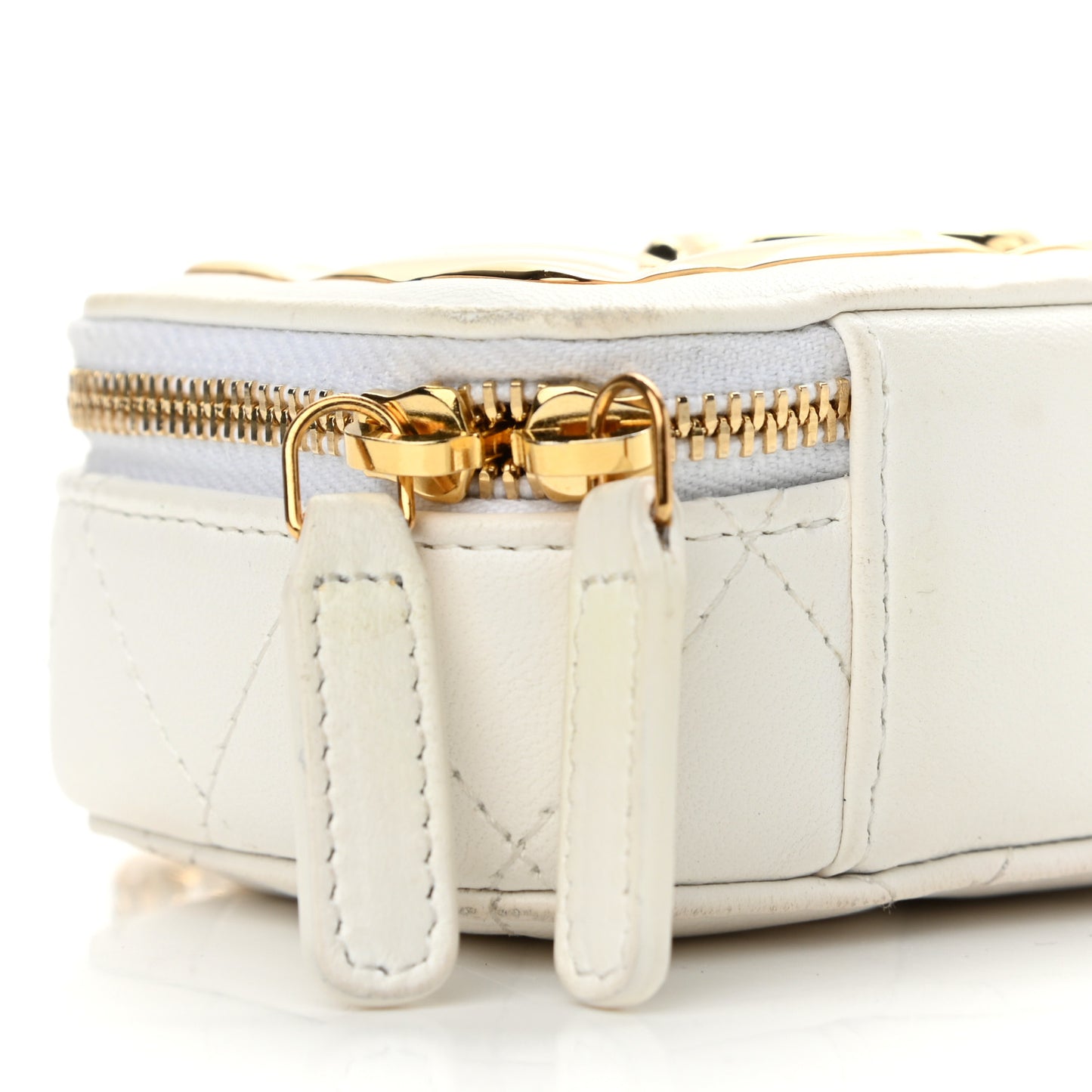 Lambskin Metal Quilted Extra Mini Vanity Case With Chain White Gold