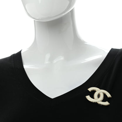 Chanel Metal Enamel CC Brooch White Light Gold 2 of 4