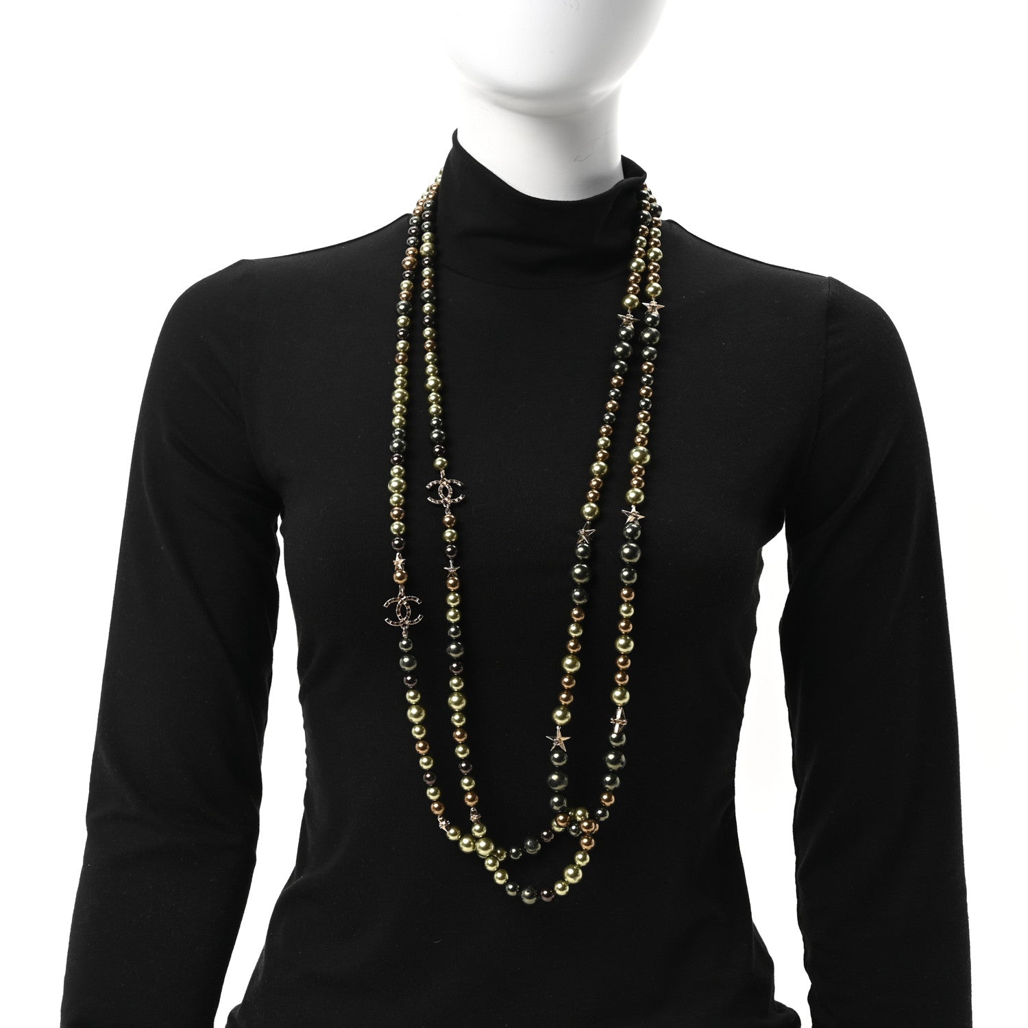 Chanel Pearl Star CC Multi Strand Long Necklace Green Gold 2 of 6