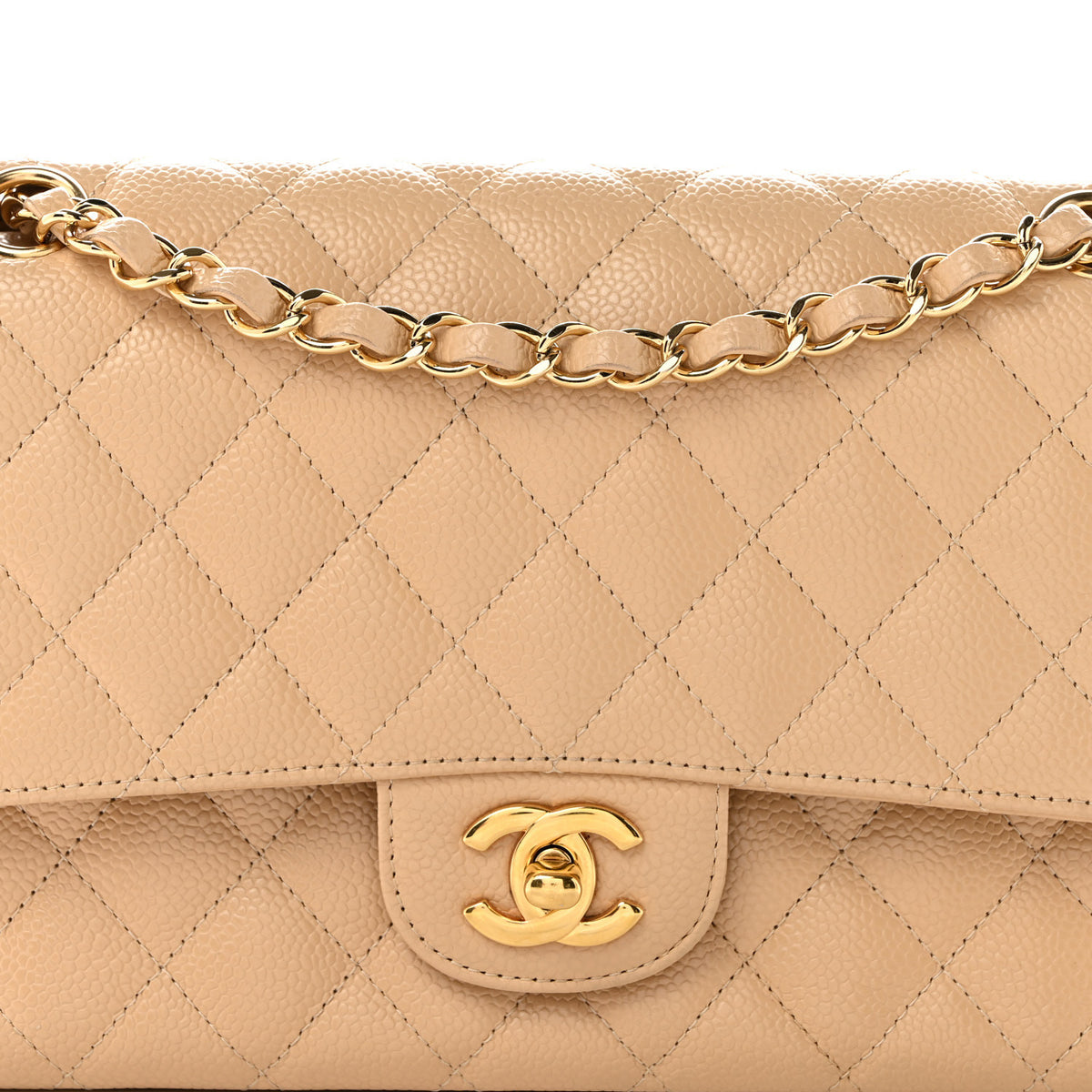 Caviar Quilted Medium Double Flap Beige